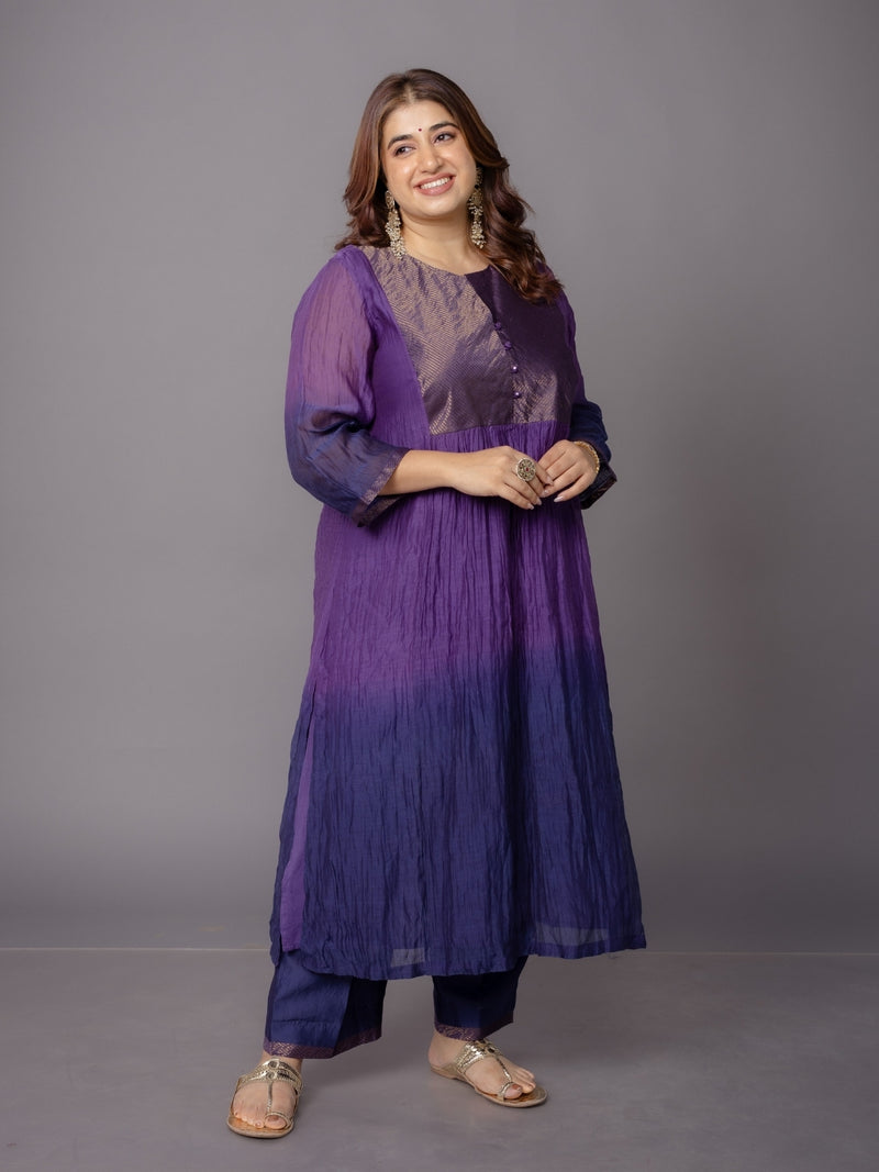 Indu Purple Ombre Chanderi Silk A Line Kurta with Hand Embroidery