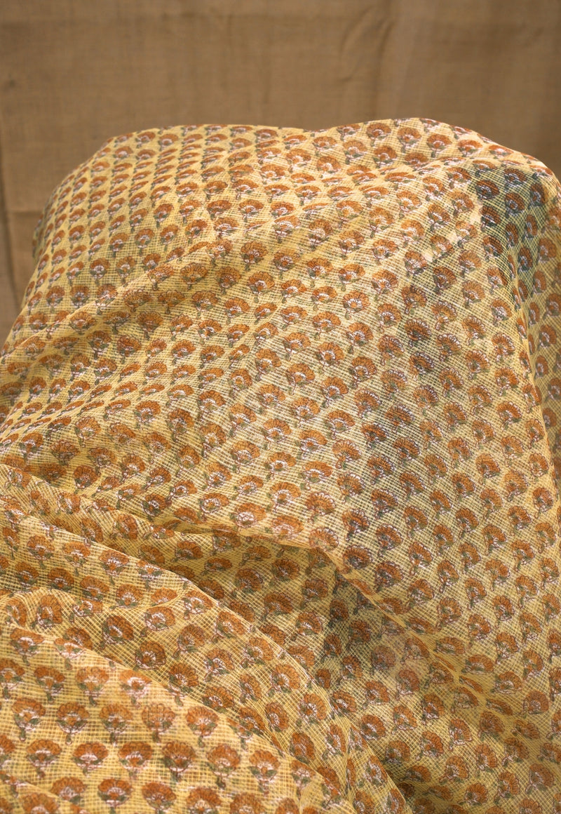 Yellow Butti Sanganeri Hand Block Print Kota Doria Saree