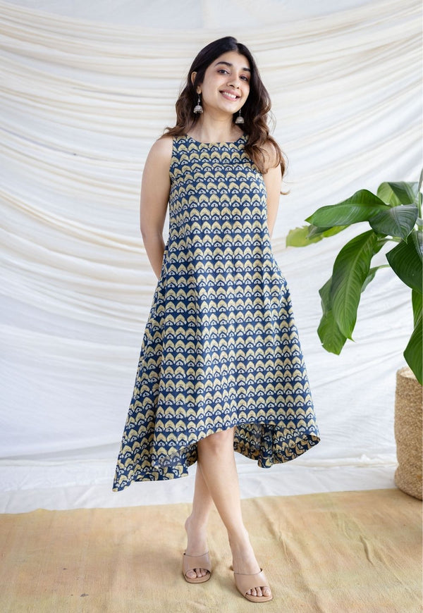 Amaja Blue Ajrakh Cotton A Line Dress