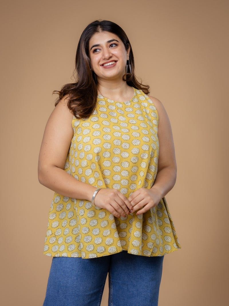 Parveen Yellow Dabu Slub Cotton A Line Short Top
