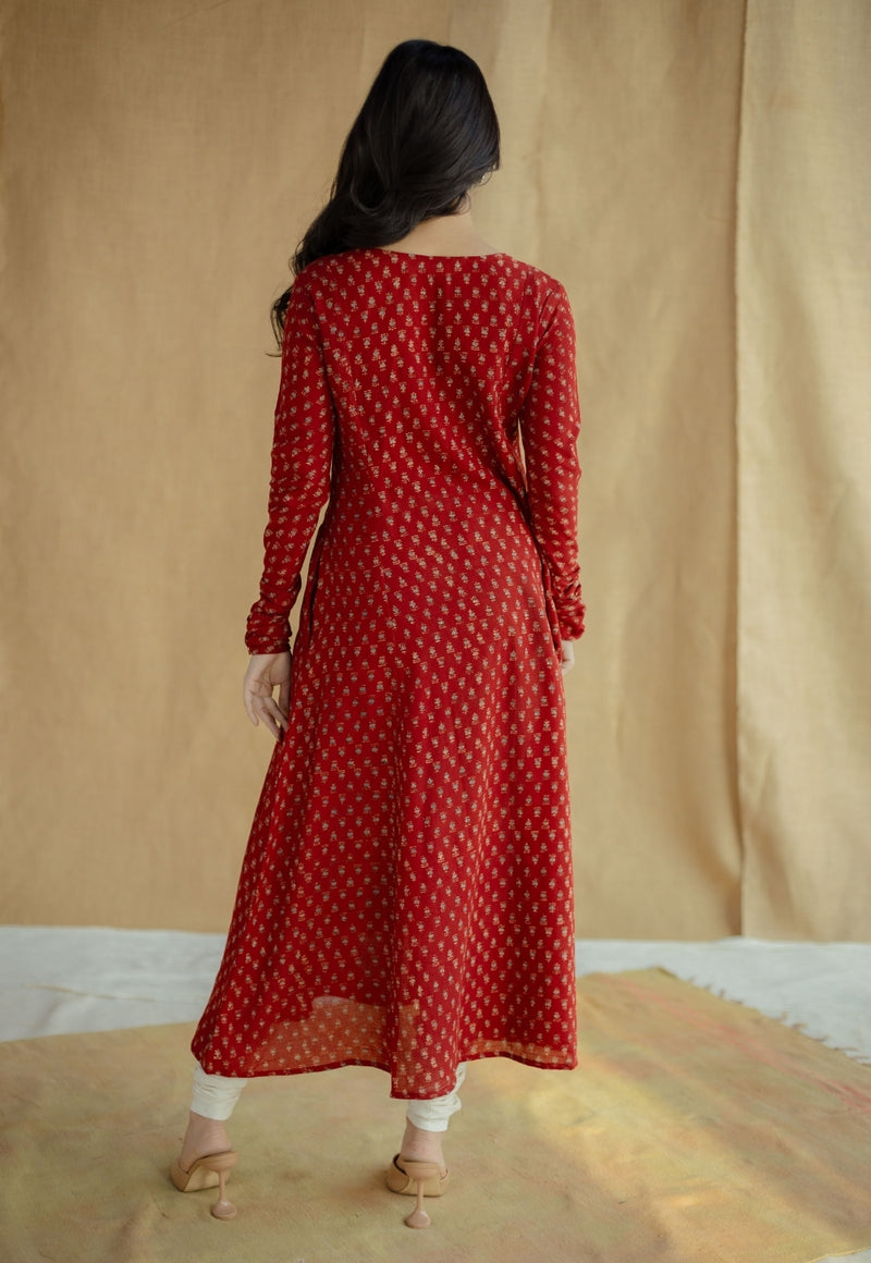 Akrita Red Ajrakh Moss Cotton Kali Kurta