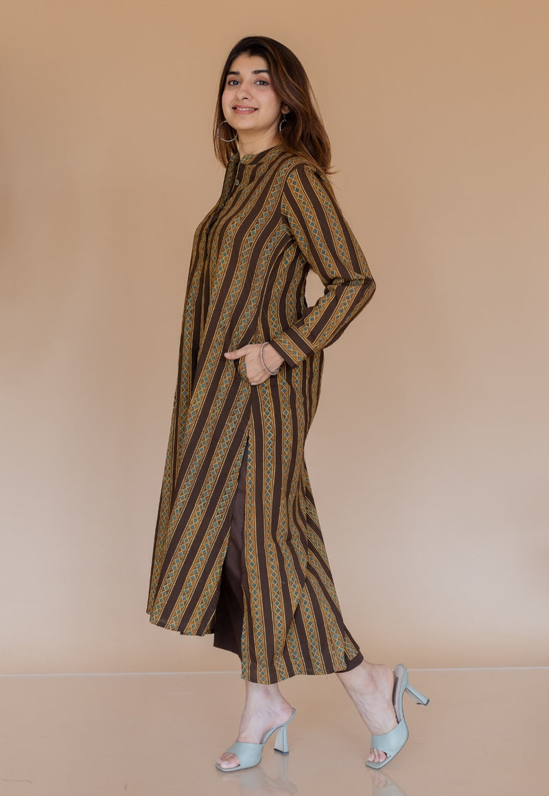 Meena Brown Ajrakh Cotton A Line Kurta