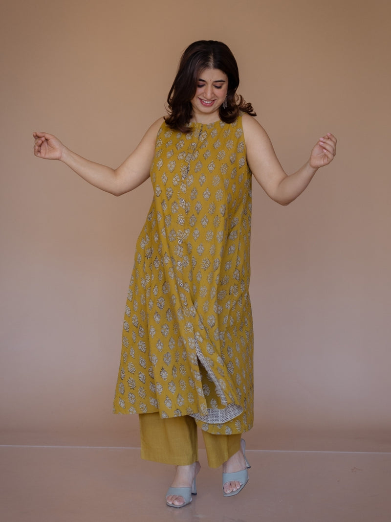 Heena Yellow Bagru Cotton A Line Kurta