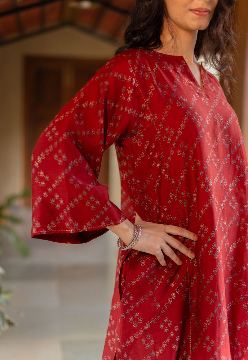 Ayra Madder Ajrakh Chanderi Silk Jhabba Kali Kurta with Hand Embroidery