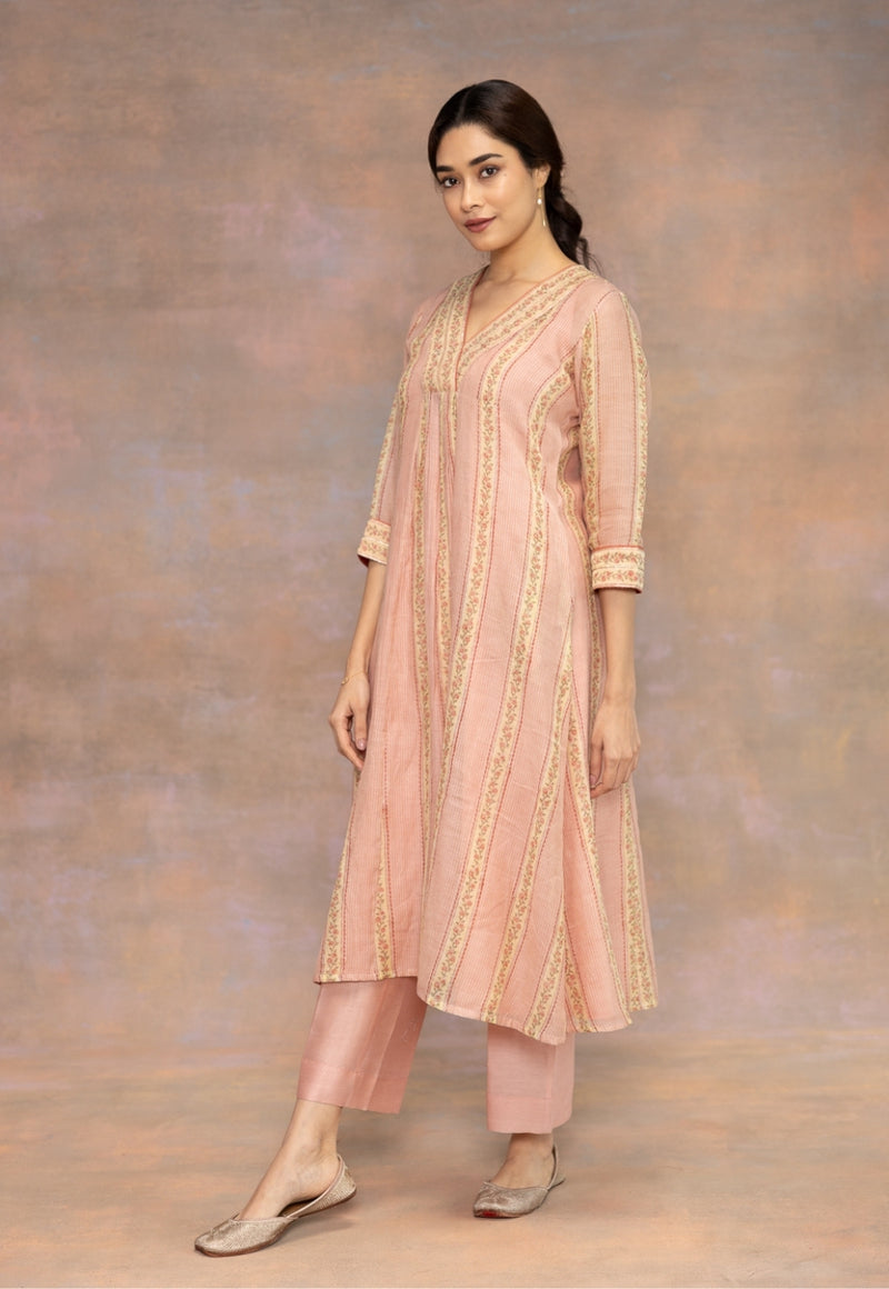 Rozhira Pink Sanganeri Chanderi Silk A Line Kurta with Lace Detailing
