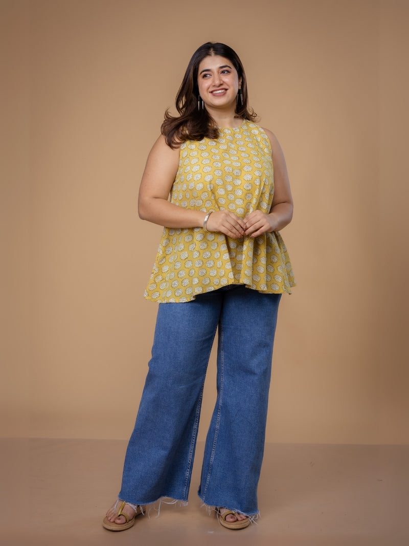 Parveen Yellow Dabu Slub Cotton A Line Short Top