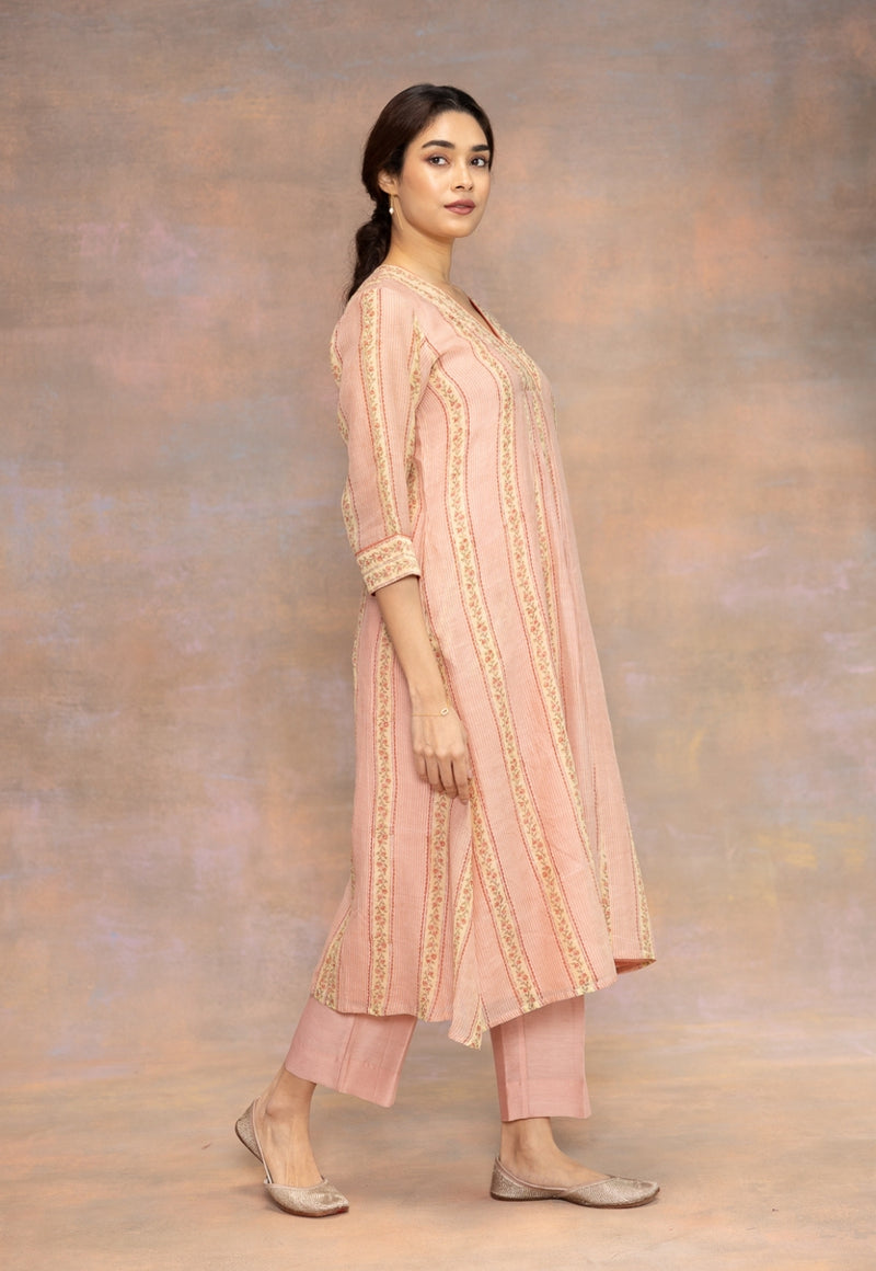 Rozhira Pink Sanganeri Chanderi Silk A Line Kurta with Lace Detailing