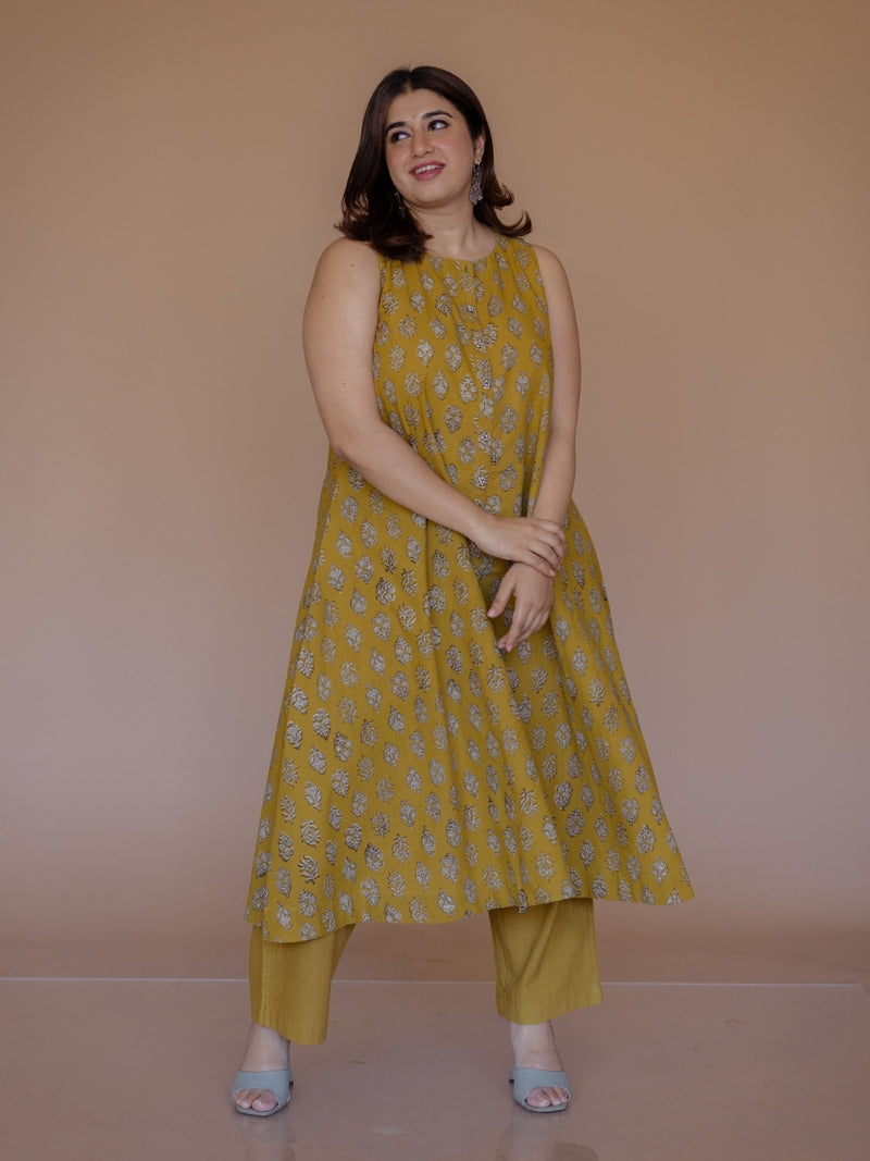 Heena Yellow Bagru Cotton A Line Kurta