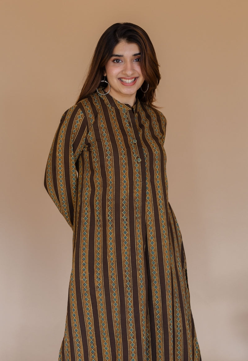 Meena Brown Ajrakh Cotton A Line Kurta