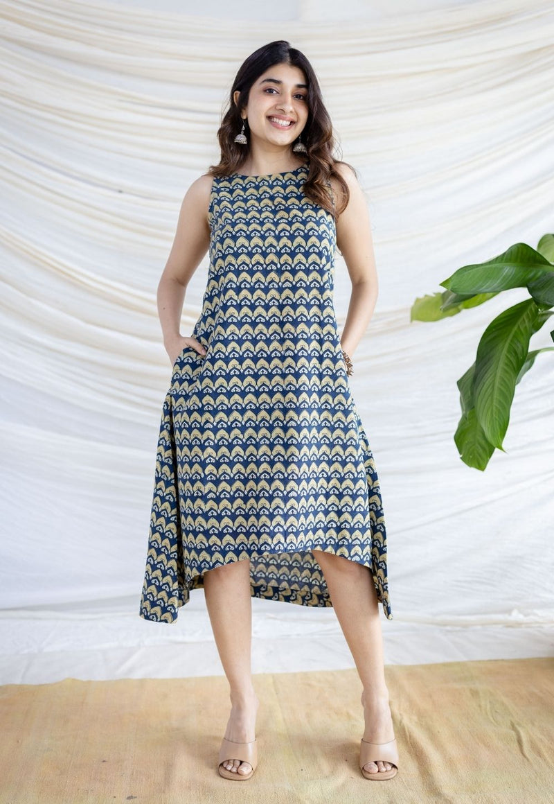 Amaja Blue Ajrakh Cotton A Line Dress