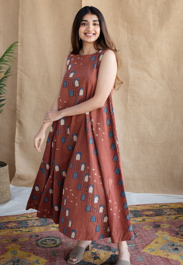 Jaipur Jharoka Brick Red Ajrakh Cotton A Line Dress