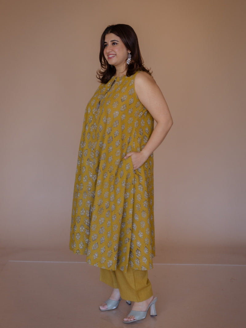 Heena Yellow Bagru Cotton A Line Kurta