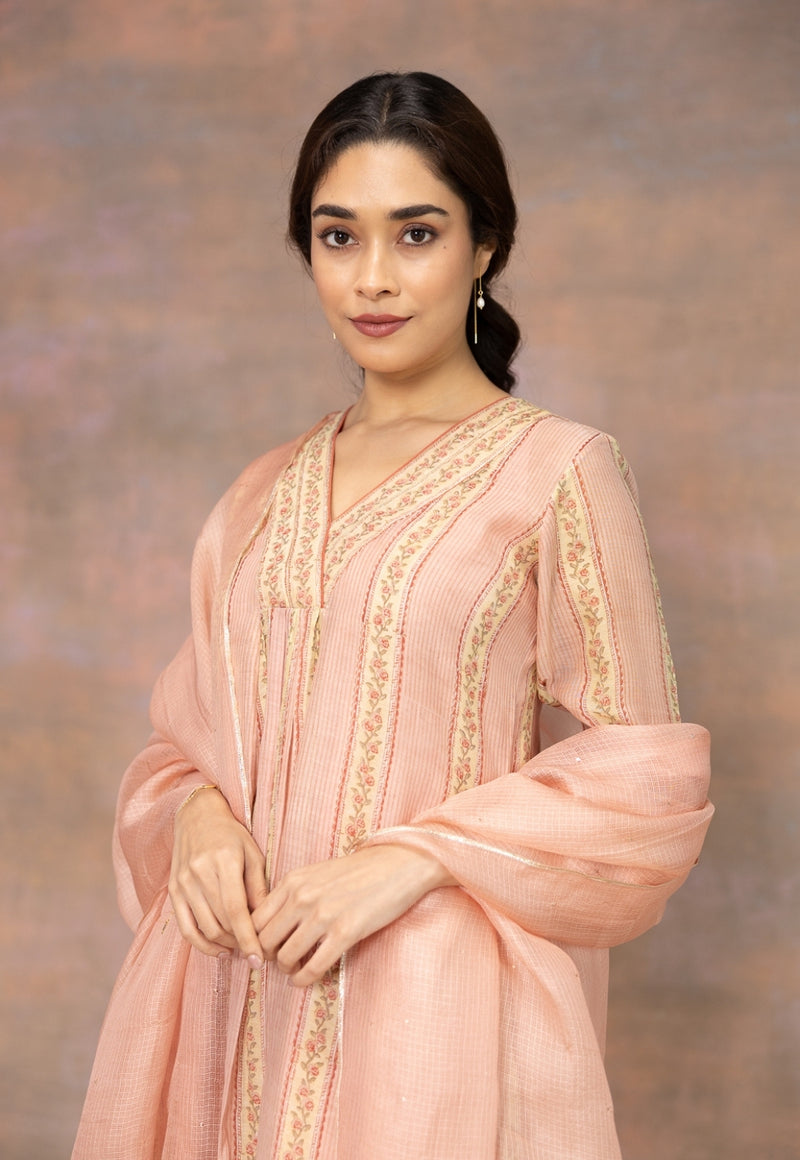 Rozhira Pink Sanganeri Chanderi Silk A Line Kurta with Lace Detailing