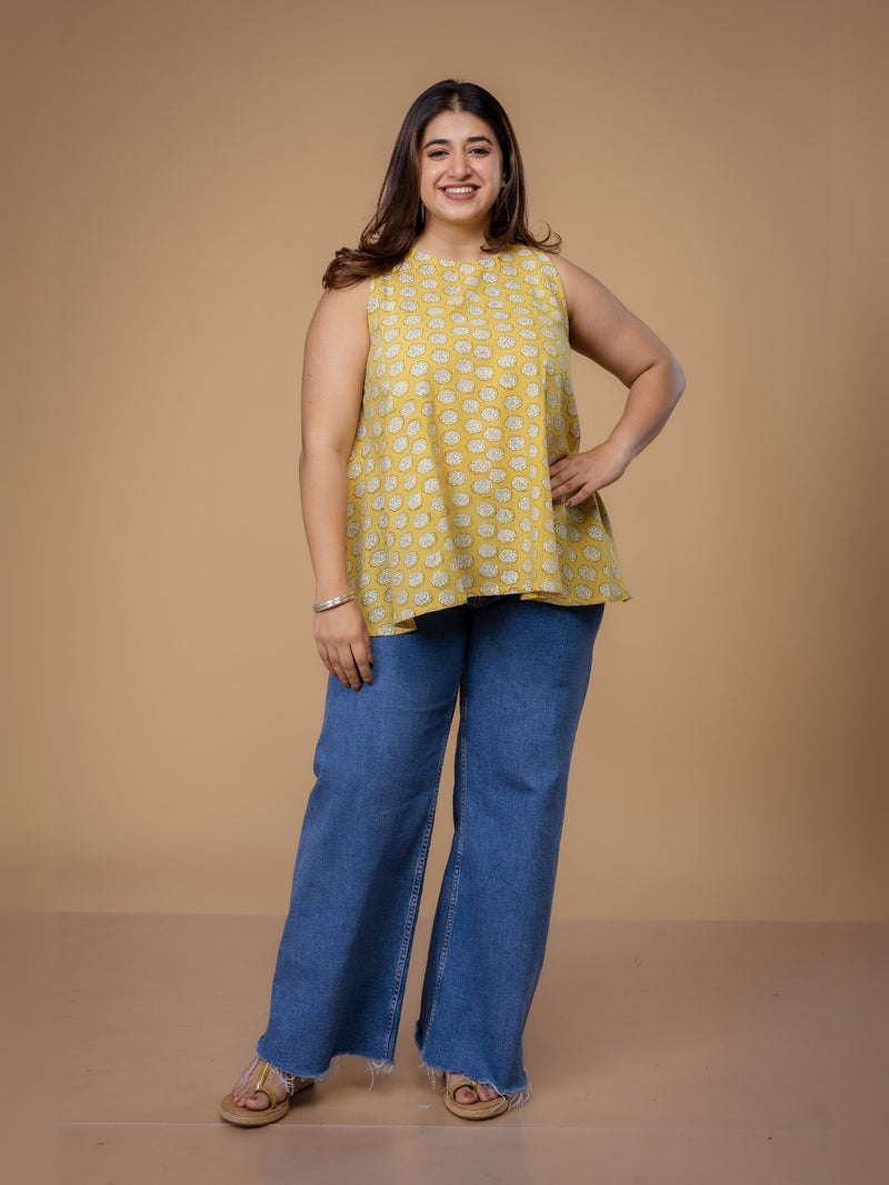 Parveen Yellow Dabu Slub Cotton A Line Short Top