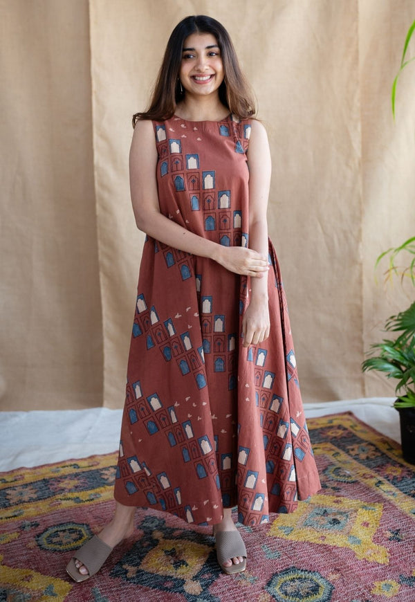 Jaipur Jharoka Brick Red Ajrakh Cotton A Line Dress