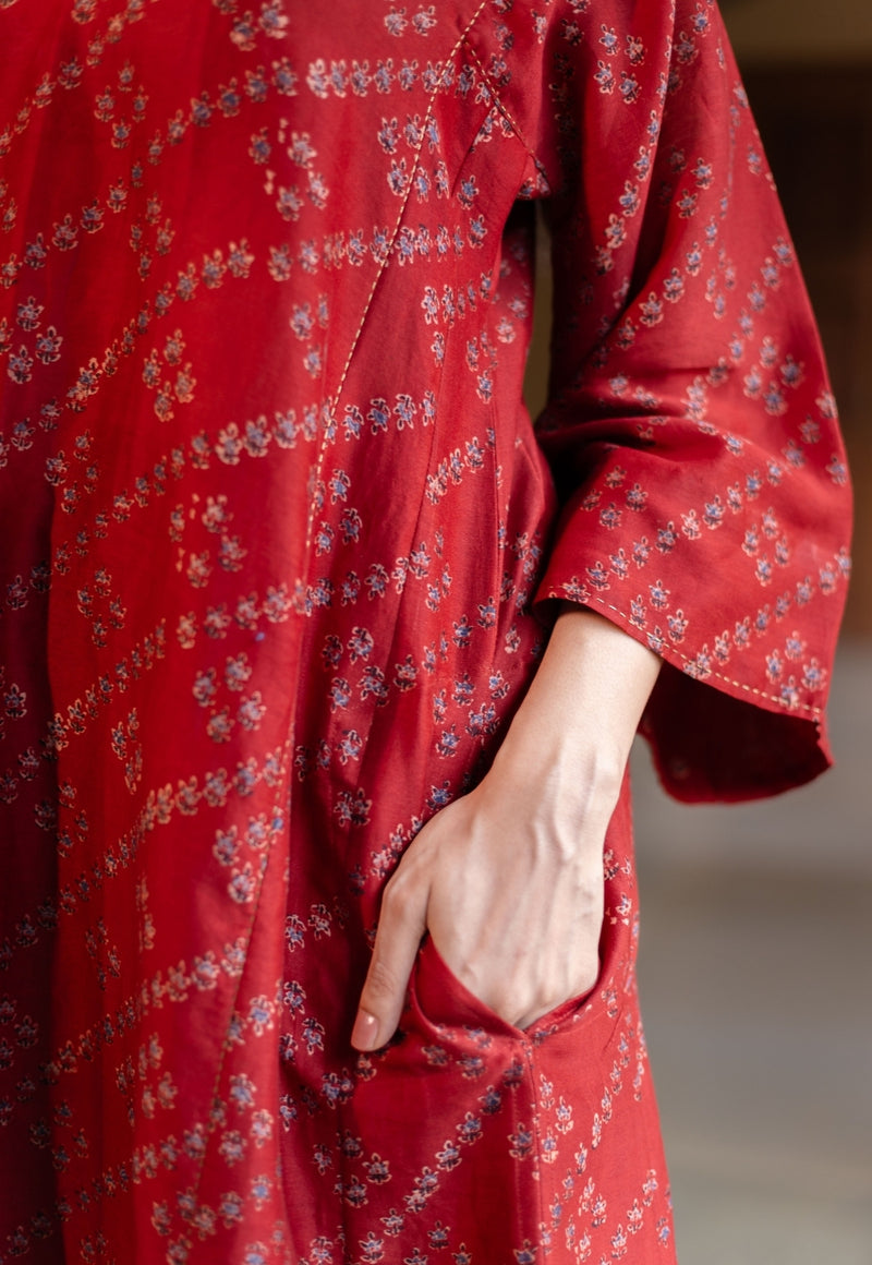 Ayra Madder Ajrakh Chanderi Silk Jhabba Kali Kurta with Hand Embroidery