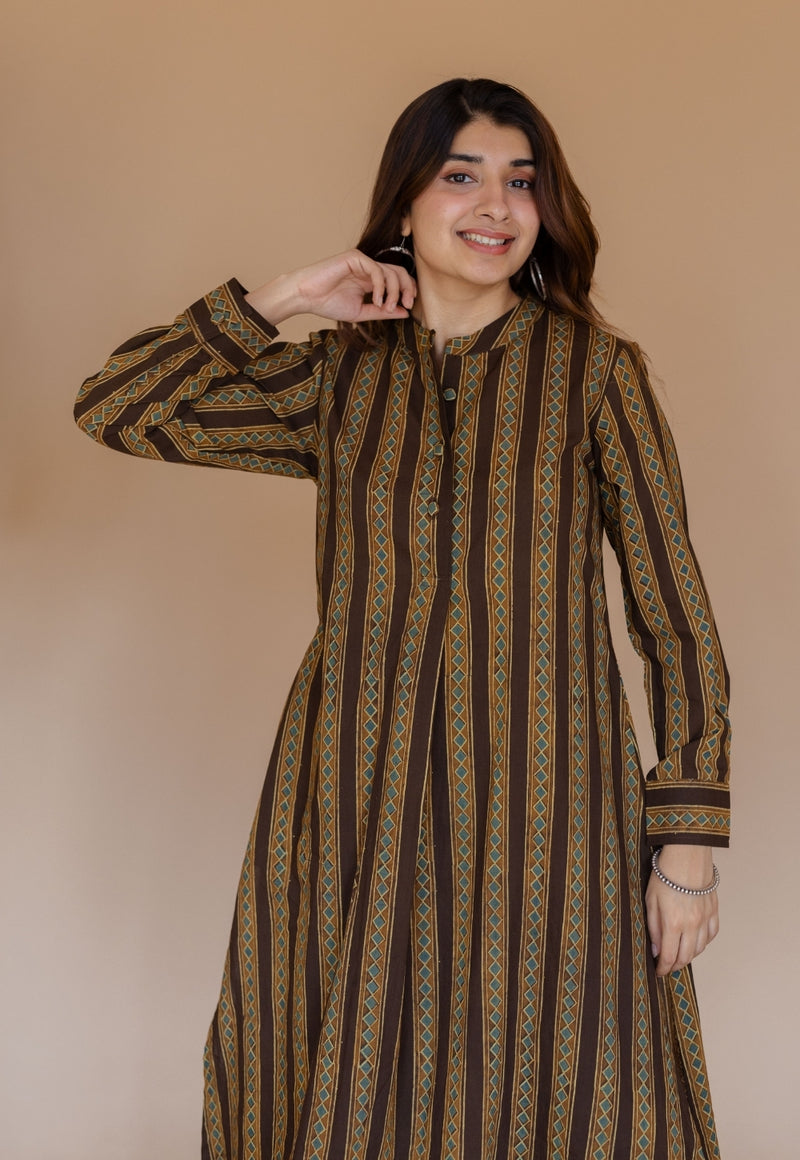 Meena Brown Ajrakh Cotton A Line Kurta