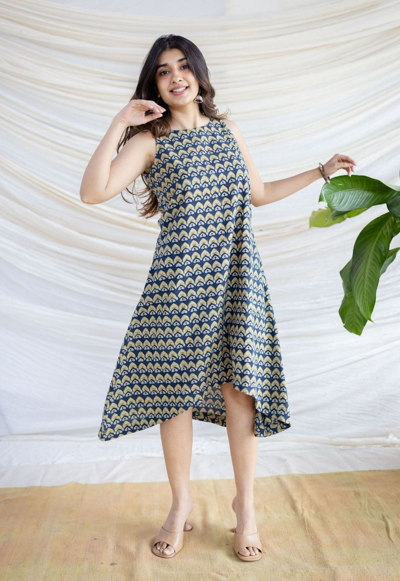 Amaja Blue Ajrakh Cotton A Line Dress