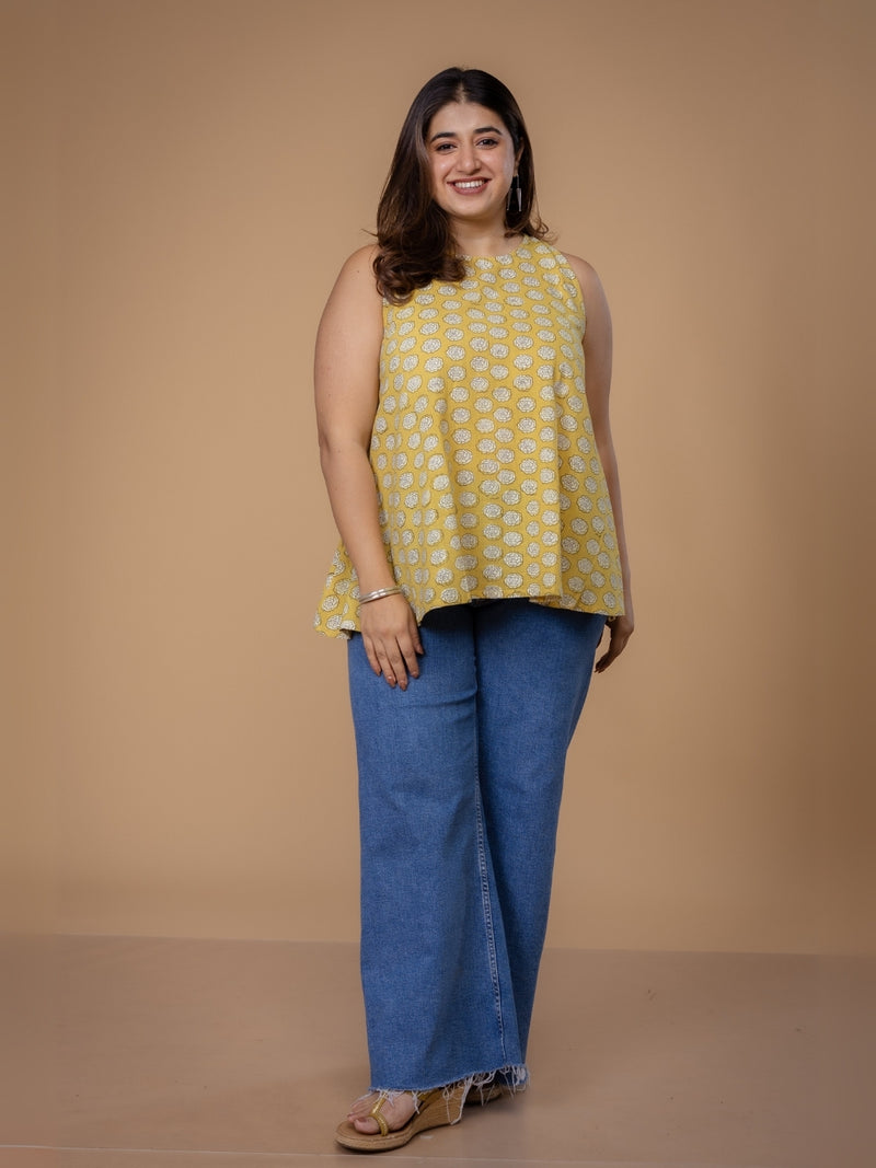 Parveen Yellow Dabu Slub Cotton A Line Short Top