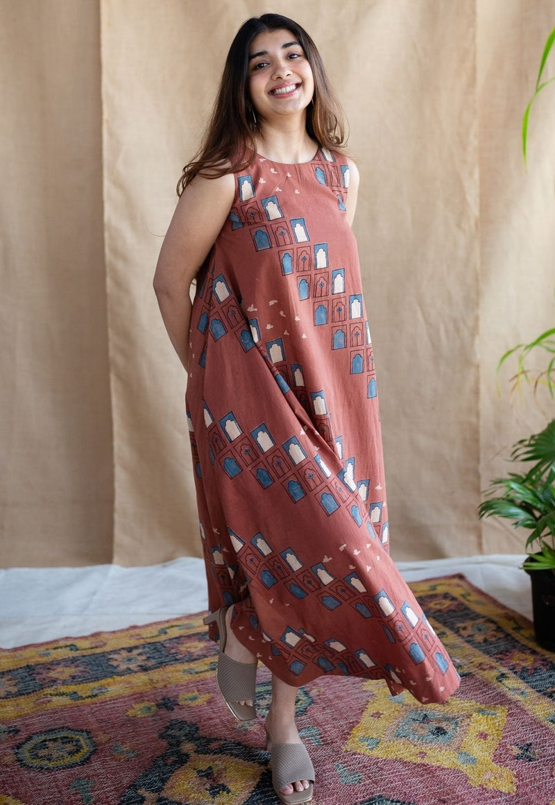 Jaipur Jharoka Brick Red Ajrakh Cotton A Line Dress