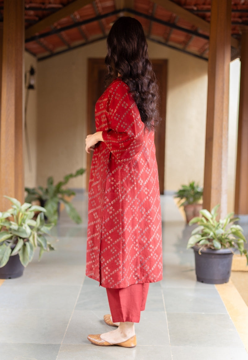 Ayra Madder Ajrakh Chanderi Silk Jhabba Kali Kurta with Hand Embroidery