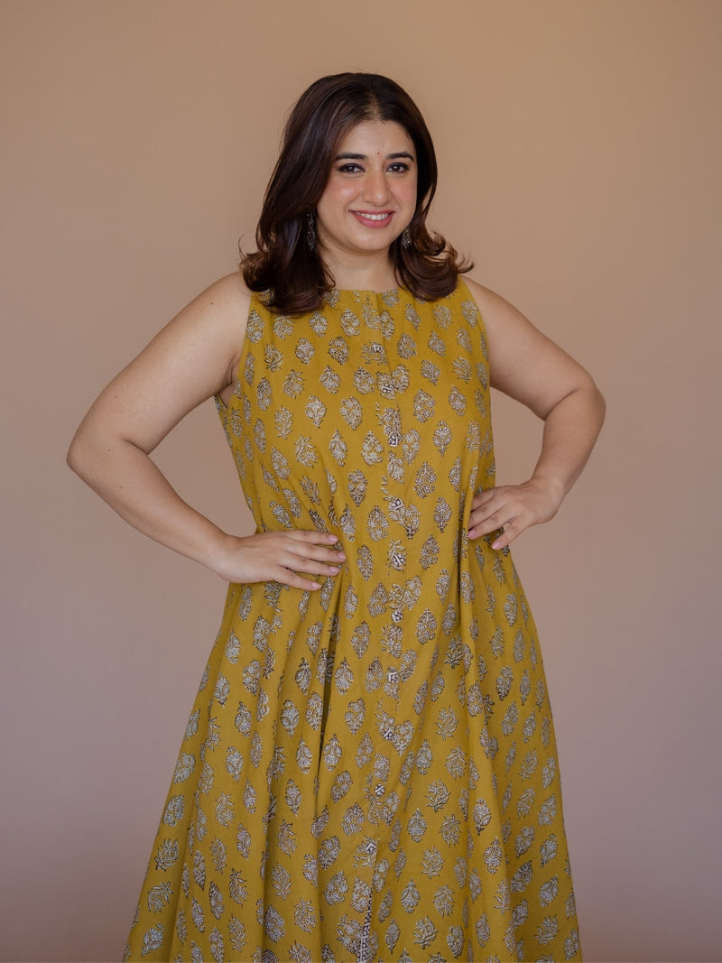 Heena Yellow Bagru Cotton A Line Kurta