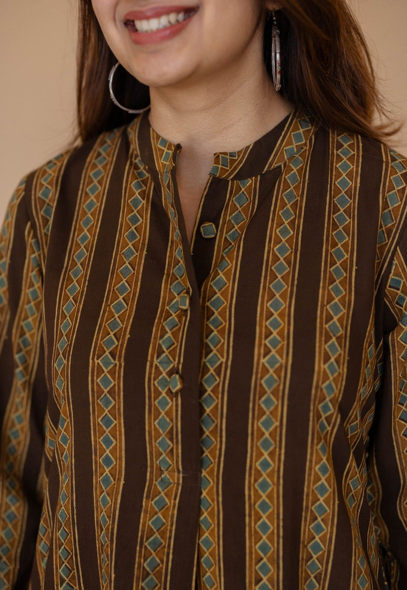 Meena Brown Ajrakh Cotton A Line Kurta