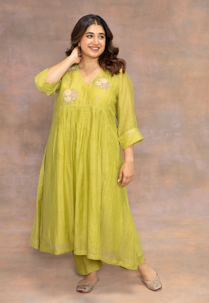 Rooz Green Solid Chanderi Silk Kali Kurta with Hand Embroidery
