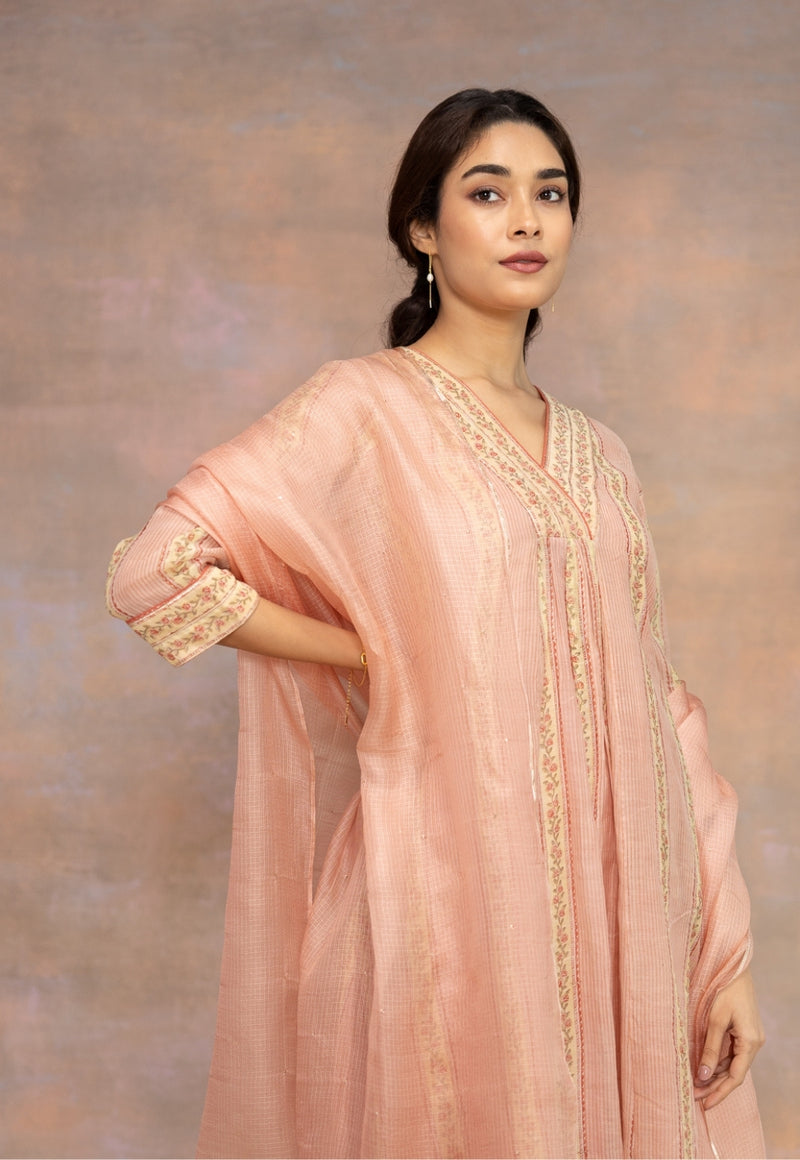Rozhira Pink Sanganeri Chanderi Silk A Line Kurta with Lace Detailing