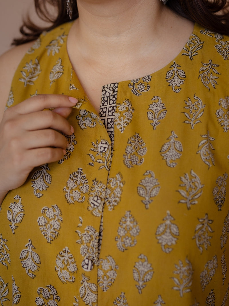 Heena Yellow Bagru Cotton A Line Kurta