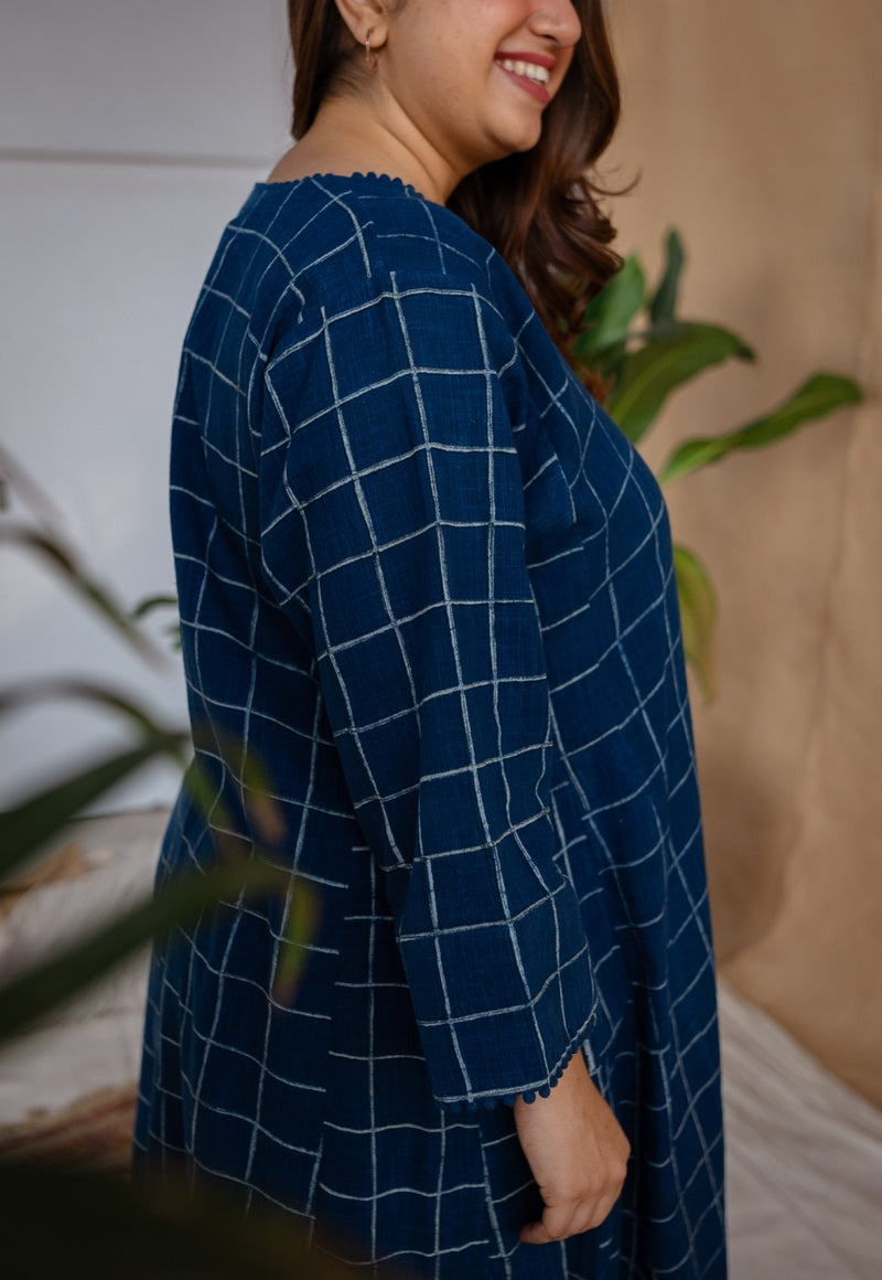 Falaq Indigo Jhabba Kali Dabu Slub Cotton Kurta