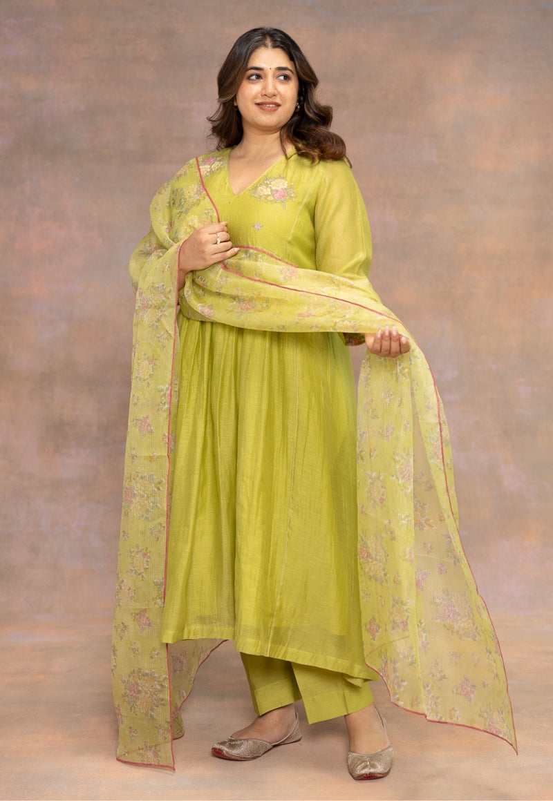 Rooz Green Sanganeri Kota Doria Silk Dupatta with Mukaish Detailing