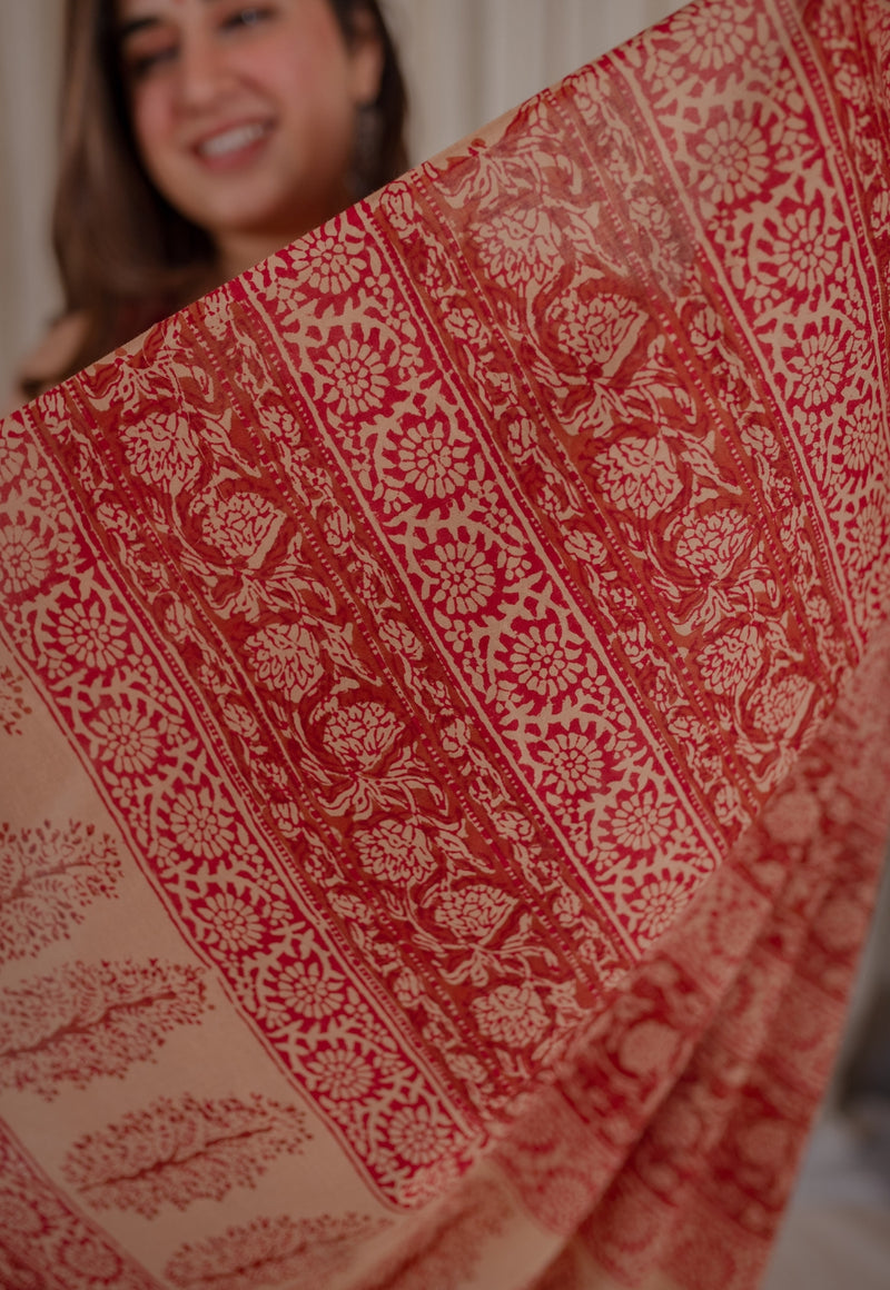 Red Floral Cotton Fakira Block Print Saree