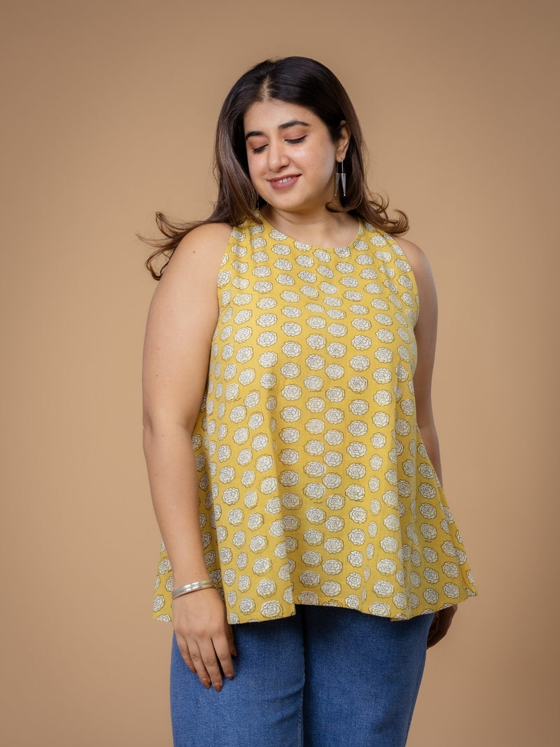 Parveen Yellow Dabu Slub Cotton A Line Short Top