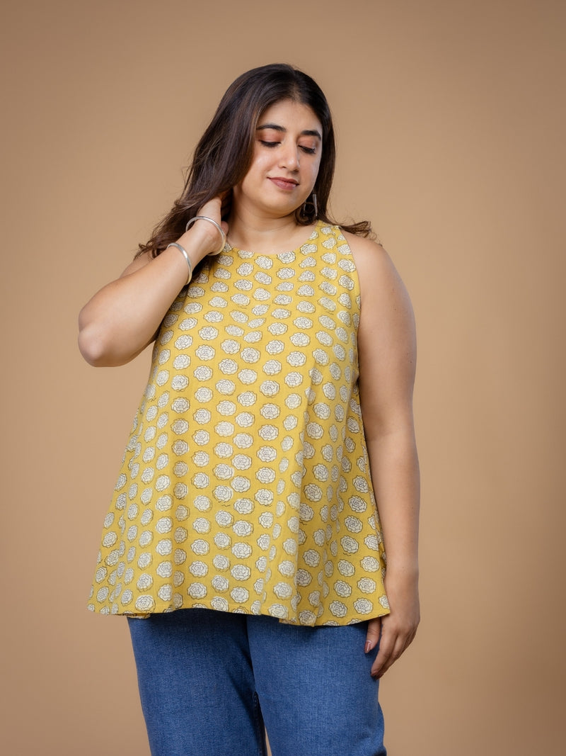 Parveen Yellow Dabu Slub Cotton A Line Short Top