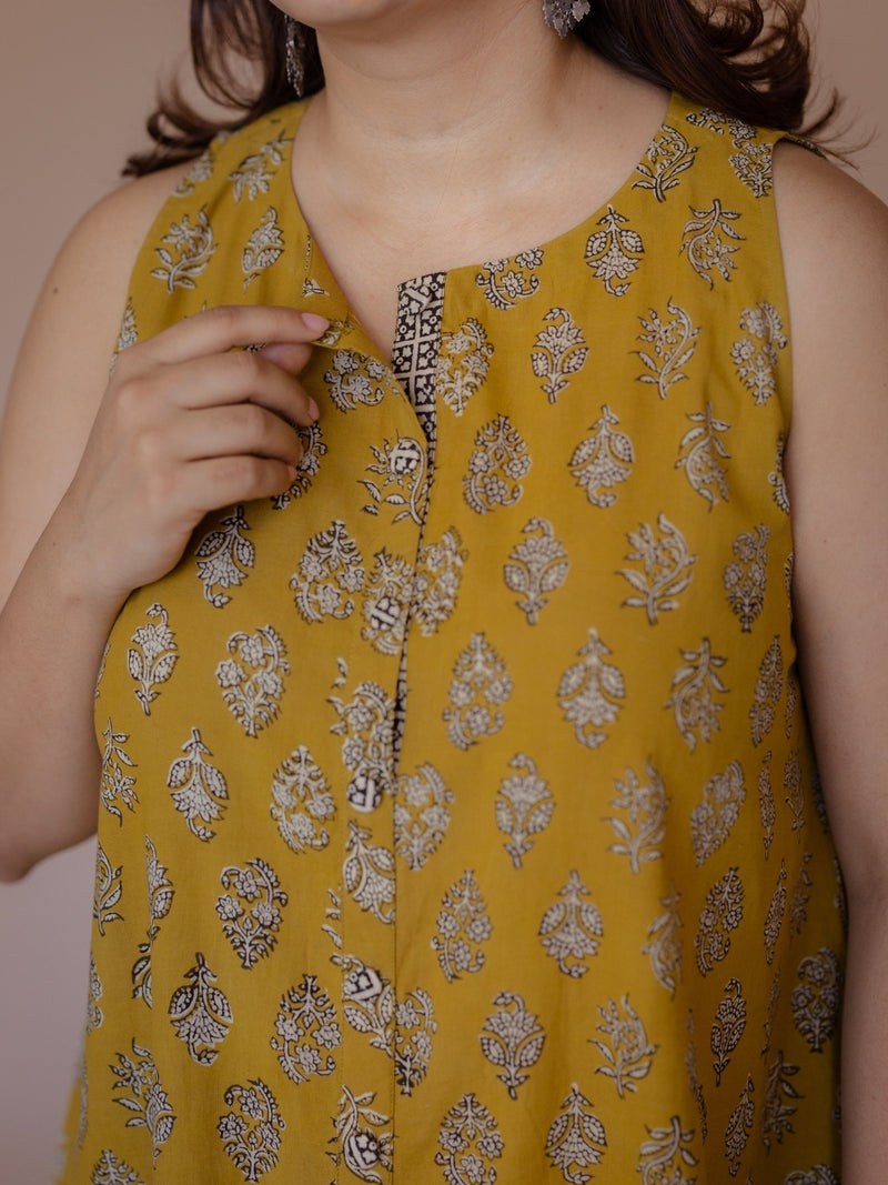 Heena Yellow Bagru Cotton A Line Kurta