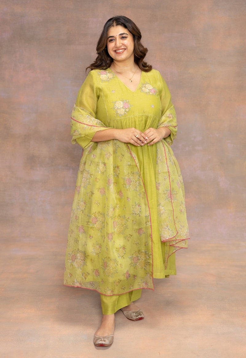 Rooz Green Sanganeri Kota Doria Silk Dupatta with Mukaish Detailing