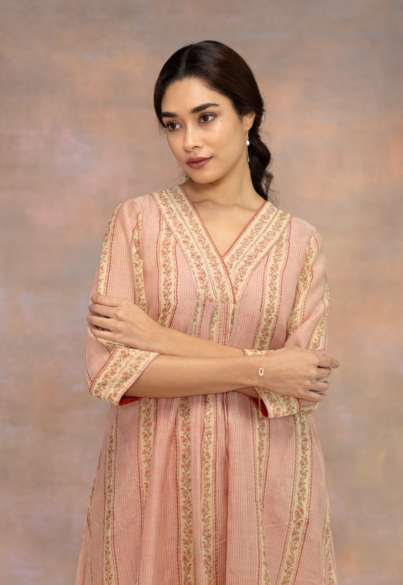 Rozhira Pink Sanganeri Chanderi Silk A Line Kurta with Lace Detailing