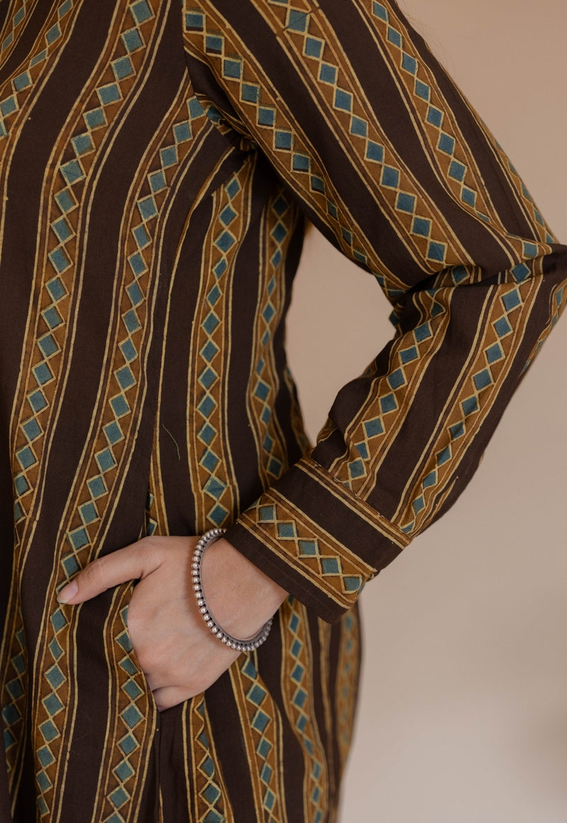 Meena Brown Ajrakh Cotton A Line Kurta