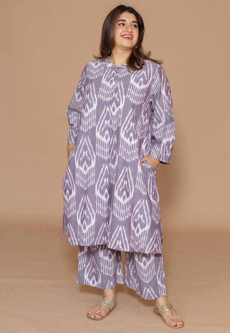 Ayaat Grey Handloom Ikkat Cotton Straight Kurta