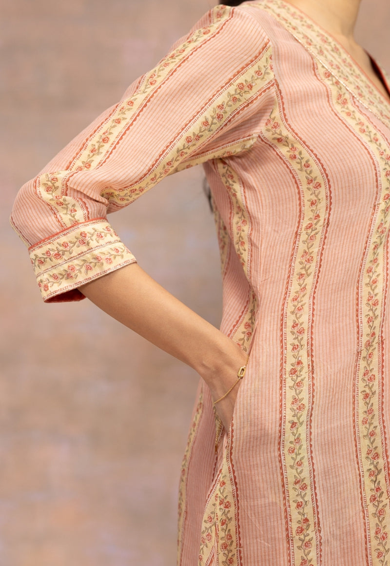 Rozhira Pink Sanganeri Chanderi Silk A Line Kurta with Lace Detailing