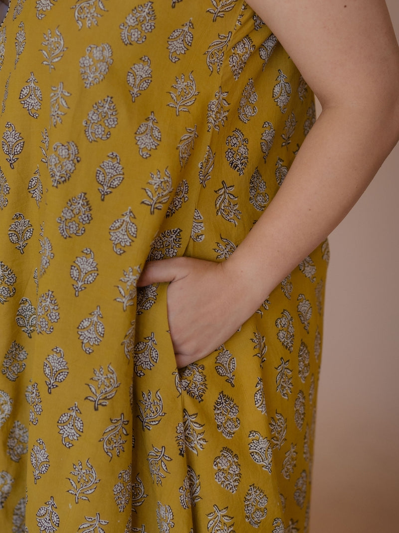 Heena Yellow Bagru Cotton A Line Kurta