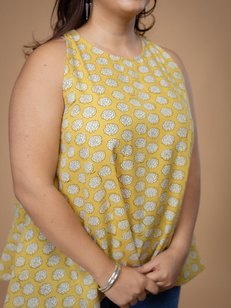 Parveen Yellow Dabu Slub Cotton A Line Short Top