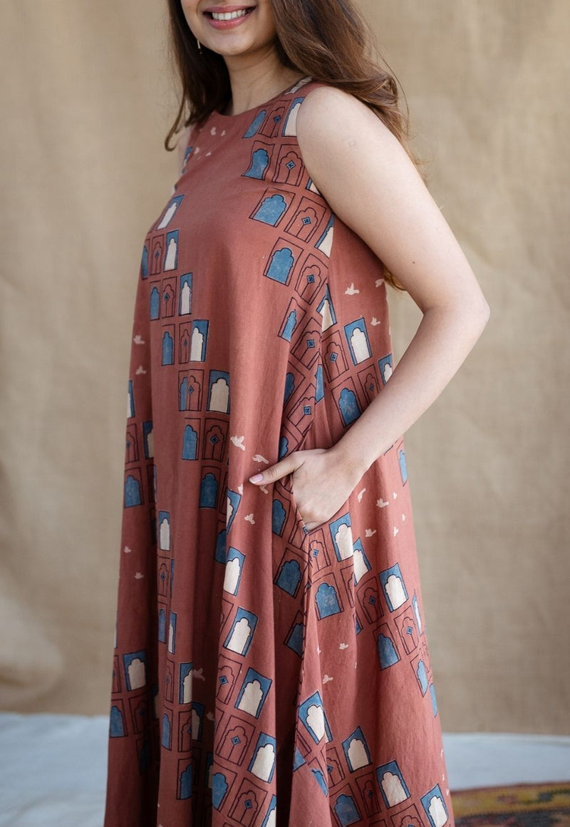 Jaipur Jharoka Brick Red Ajrakh Cotton A Line Dress