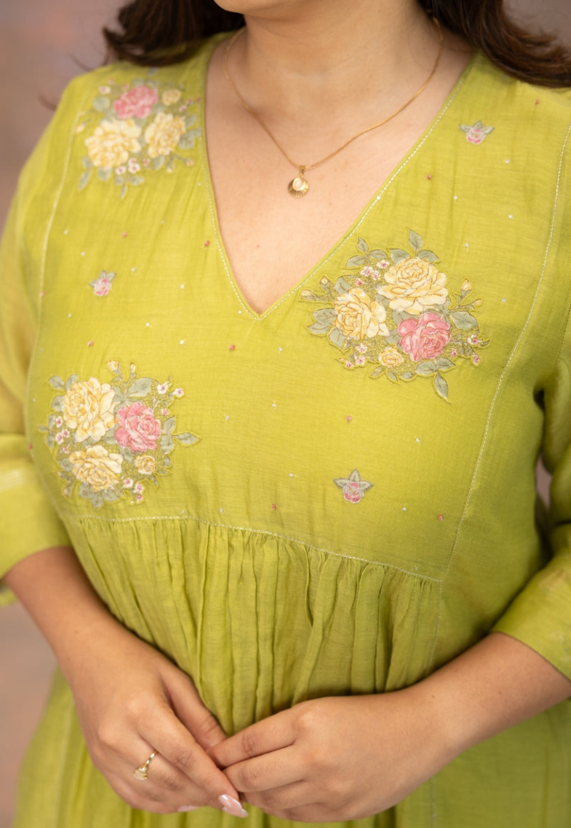 Rooz Green Solid Chanderi Silk Kali Kurta with Hand Embroidery