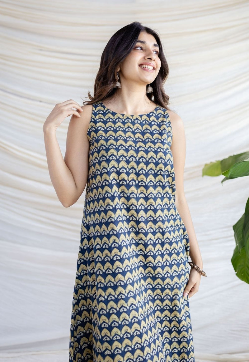 Amaja Blue Ajrakh Cotton A Line Dress