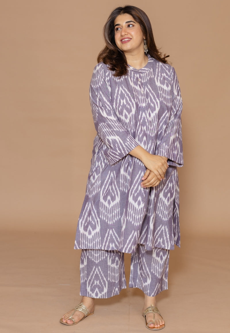 Ayaat Grey Handloom Ikkat Cotton Straight Kurta