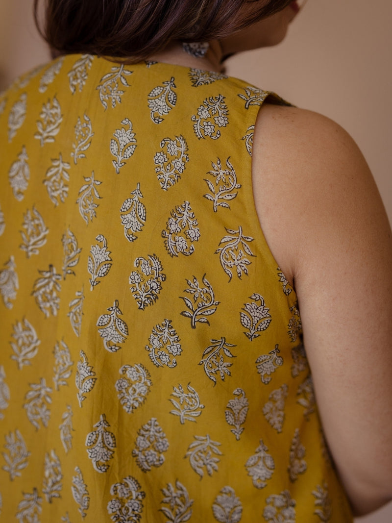 Heena Yellow Bagru Cotton A Line Kurta