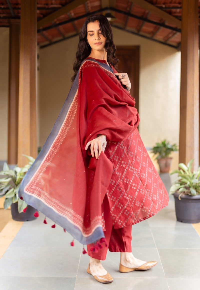 Madder Ajrakh Chanderi Silk Dupatta with Embroidery