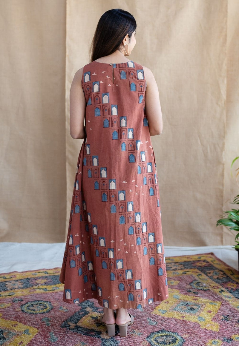 Jaipur Jharoka Brick Red Ajrakh Cotton A Line Dress